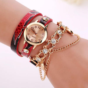 Leather Rhinestone Rivet Chain Quartz Bracelet