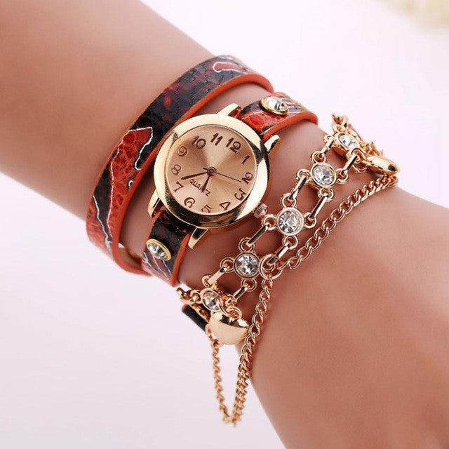 Leather Rhinestone Rivet Chain Quartz Bracelet