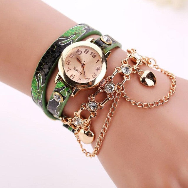 Leather Rhinestone Rivet Chain Quartz Bracelet