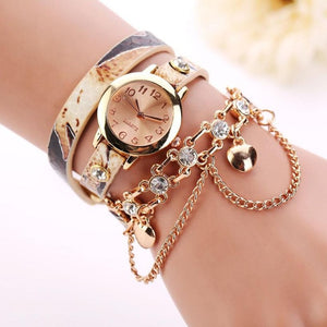 Leather Rhinestone Rivet Chain Quartz Bracelet