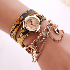 Leather Rhinestone Rivet Chain Quartz Bracelet