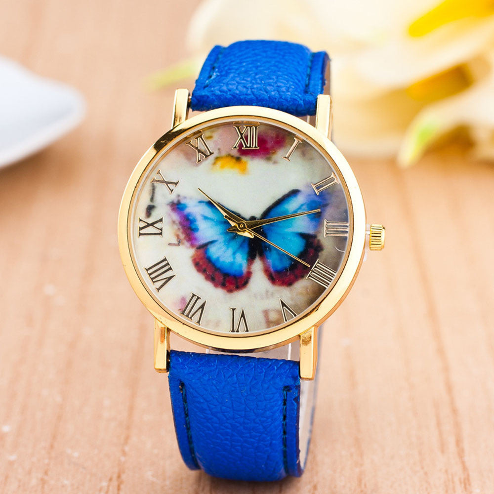 Butterfly Style Leather Band Wrist Watch