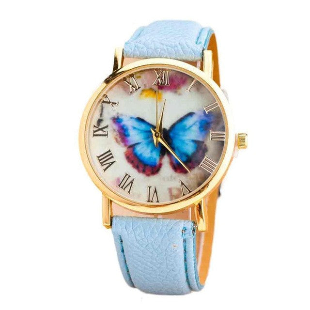 Butterfly Style Leather Band Wrist Watch