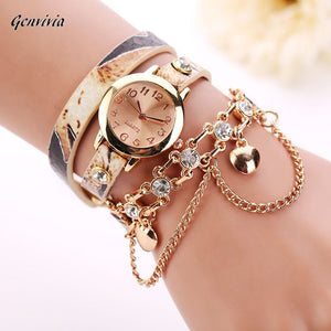 Leather Rhinestone Rivet Chain Quartz Bracelet